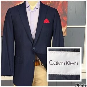 Calvin Klein Blazer Jacket Sport Coat Mens 41L Long Polyester Blend Stretch Navy